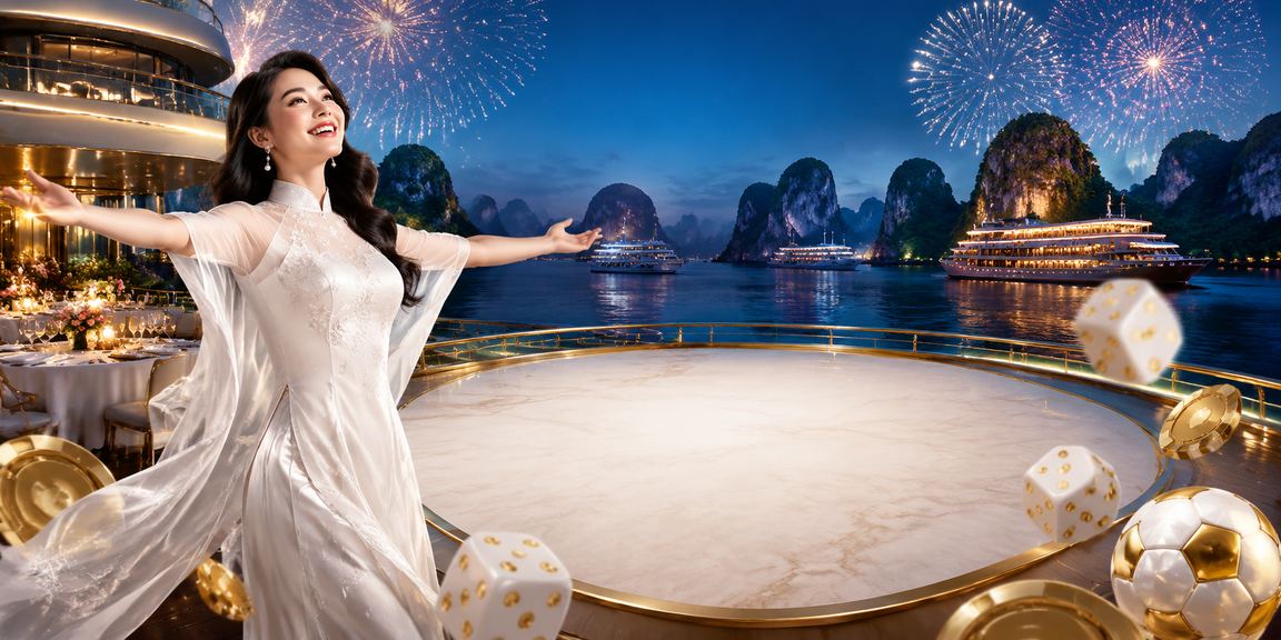 Cô gái áo dài tại Hạ Long Bay cầm điện thoại xem kết quả tài xỉu, biển trời xanh làm nền