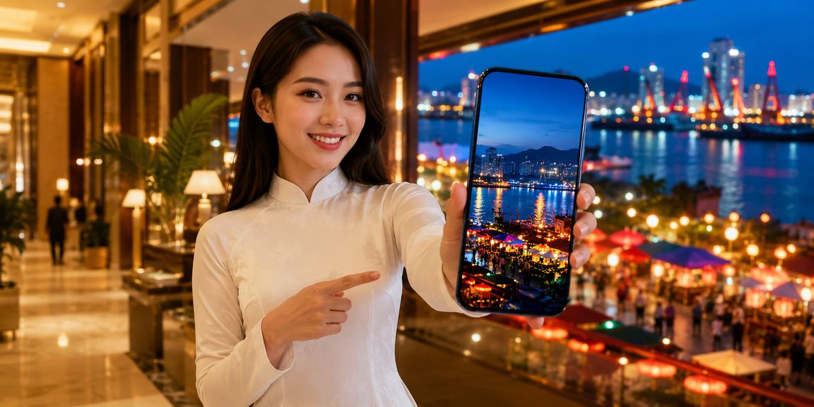 Người phụ nữ mặc áo dài tại Hải Phòng xem thông tin cá cược thể thao trên điện thoại bên bờ biển