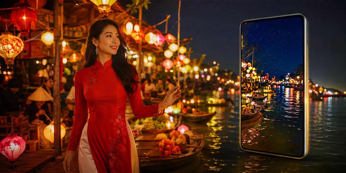 Cô gái mặc áo dài tại Hội An sử dụng ứng dụng theo dõi sự kiện thể thao